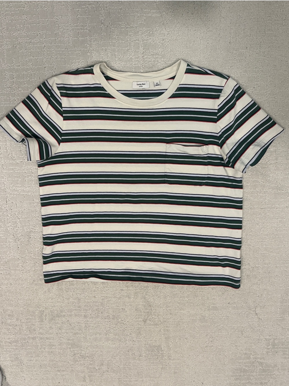 Aritzia Sunday Best - Cream Tee with Green, Blue, Navy + Red Stripes